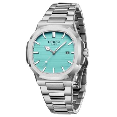 Imagem de NIBOSI Relógios masculinos analógicos de quartzo, aço inoxidável, militar, à prova d'água, para negócios, relógio de pulso clássico com data, 01 - Prata azul claro