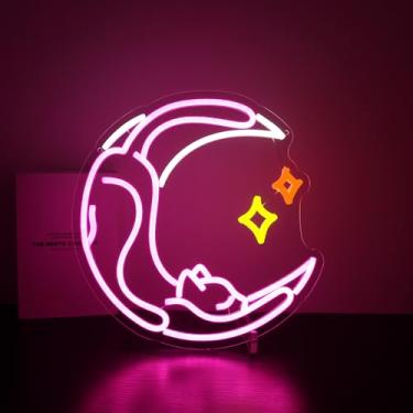 Imagem de Placa de neon, placas de néon de gato HSJNJKFU para decoração de parede fofa lua gato estrela sinais de luz LED para quarto casa festa aniversário sinais de cerveja - LED neon alimentado por USB