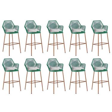 Imagem de Kit 10 Banqueta Alta Com Encosto Balcão Ferro Bronze Fibra Verde Almofada Sintético Branco