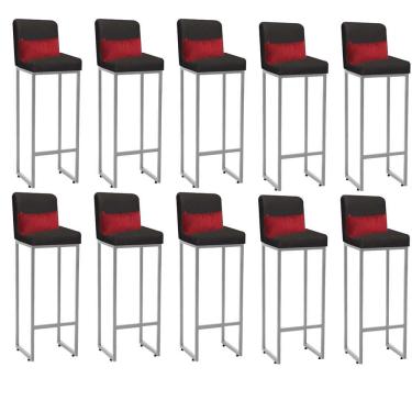 Imagem de Kit 10 Banqueta Alta Com Encosto Balcão Ferro Prata Suede Cinza E Almofada Vermelho