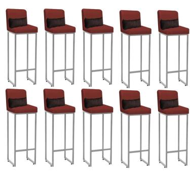 Imagem de Kit 10 Banqueta Alta Com Encosto Balcão Ferro Cinza Suede Vermelho E Almofada Marrom