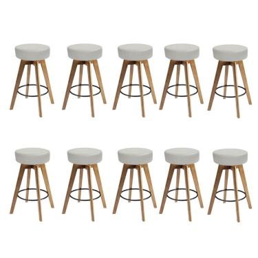 Imagem de Kit 10 Banqueta Alta Redonda Giratória Elsa Madeira Balcão Corino Bege