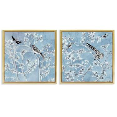 Imagem de Stupell Industries Conjunto de tela flutuante com moldura dourada de pássaros sobre azul da serenidade cunhada por Melissa Wang, 25 x 25