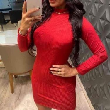 Imagem de Vestido malha canelada feminina gola alta manga longa - Filó Modas, p,