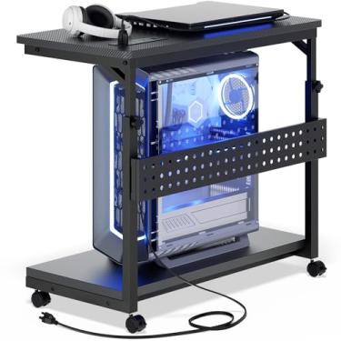 Imagem de Besiost Suporte de torre de computador com réguas de alimentação, suporte de torre de PC ajustável em altura com rodas, suporte de CPU móvel giratório, suporte lateral de carrinho de computador para