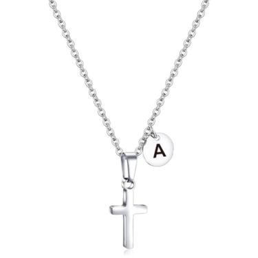 Imagem de AILAAILA Colar com cruz para crianças, meninos, inicial, adolescentes, pingente de cruz de aço inoxidável, minimalista, presente de Páscoa, presente de Natal, primeira comunhão, presentes de batismo