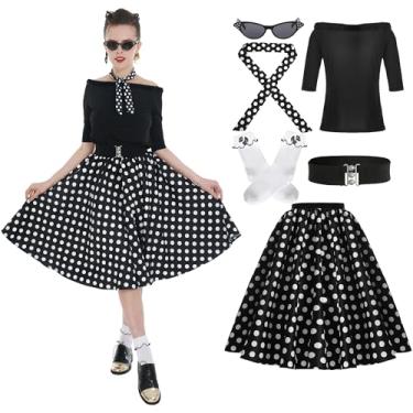 Imagem de Leadtex Roupas femininas Sock Hop, saias poodle dos anos 1950, camiseta poodle, com acessórios dos anos 50, meias, cachecol e cinto, Preto, M