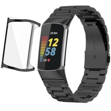 Imagem de Compatível com pulseiras Fitbit Charge 6/5, pulseira de relógio de metal de aço inoxidável com capa de TPU, pulseira elegante, respirável, design ajustável para homens e mulheres