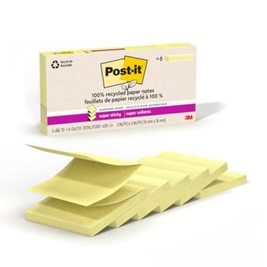 Imagem de Post-it Notas Pop-up Super Sticky 100% Papel Reciclado, 2X The Sticking Power, 7,6 x 7,6 cm, 6 blocos/pacote, 70 folhas/bloco, amarelo canário (R330R-6SSCY)