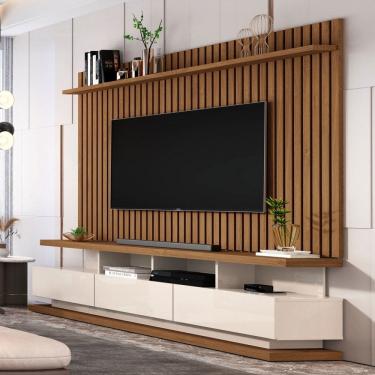 Imagem de Rack com Painel para TV Até 72 Polegadas Vivare Classic 3 Gavetas Ripado Off White/Freijó - Giga Móveis