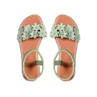 Imagem de Verdusa Sandálias femininas de verão com flor de couro e tira no tornozelo, Verde, 37