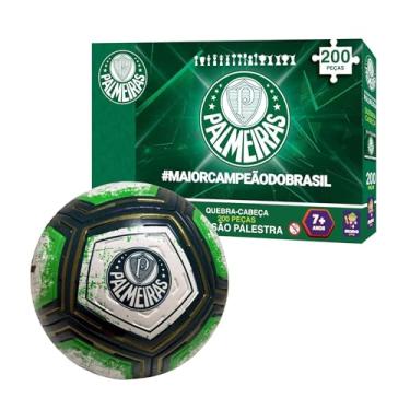 Imagem de Kit Quebra-Cabeça Palmeiras 200 Peças Mimo Toys + Bola Oficial Nº 5 Pro Gold PVC PU Futebol e Magia – Brinquedo Infantil Torcedor
