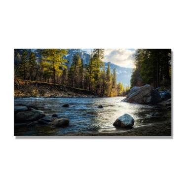 Imagem de NHLDZYH Arte de parede de montanha, arte em tela de floresta, pintura de parede de decoração natural para sala de estar, quarto, escritório em casa. (Forest Stream Blue Sky 14). Somente tela de 70 x