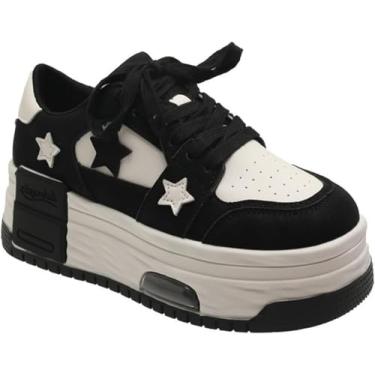 Imagem de Tênis De Plataforma Feminino De 5 Cm Respirável Com Cadarço Para Caminhada Calçados Esportivos De Salto Grosso Chunky Flats Trainers, Black, 37 EU