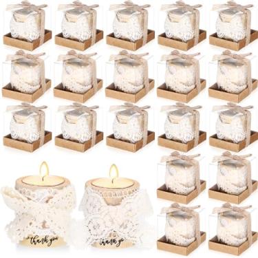 Imagem de MTLEE 20 conjuntos de velas de batismo para convidados castiçais de madeira com etiquetas de velas Tealight e caixas de presente para festa de casamento batismo lembranças de chá de bebê (branco 2