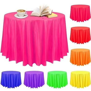 Imagem de Preboun Toalha de mesa de plástico neon para festa de 203 cm, toalha de mesa redonda decorativa, toalha de mesa grande descartável, toalha de mesa circular para decorações de festa de casamento e aniversário (cor brilhante, pacote com 8)