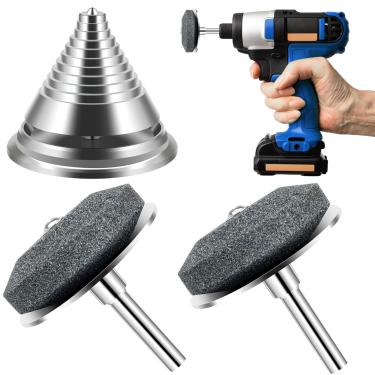 Imagem de Anglekai 2 + 1 peça de afiador de lâmina de cortador de grama de metal, cortador de grama universal de metal, pedra de amolar com 1 ferramenta de equilíbrio para furadeira manual/furadeira elétrica