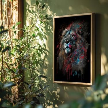 Imagem de Quadro Decorativo Com Moldura Leão Colorido Tinta Abstrata Arte Moderna Animal Selvagem Parede Sala Escritório Quarto Presente