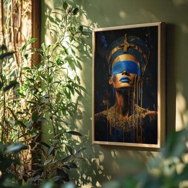 Imagem de Quadro Decorativo Rainha Egípcia Com Moldura Mulher Afro Moderna Azul Dourado Poder Nefertiti Arte Contemporânea Luxo