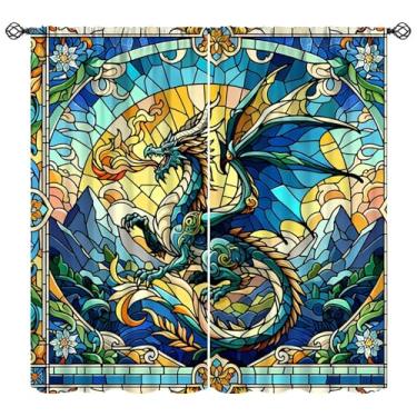 Imagem de Cortinas geométricas de dragão ocidental, arte geométrica abstrata de vidro de meados do século, decoração de janela para crianças, meninos, quarto, cozinha, sala de jogos, acampamento, café, cortinas