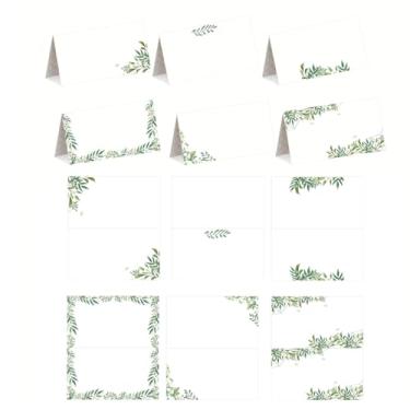 Imagem de 60 cartões de lugar de eucalipto 8,89 x 5 cm Greenery Botanical Seating Name Cartões de barraca dobrados para casamentos, mesa, eventos, assentos pré-marcados, chá de bebê, festa de formatura