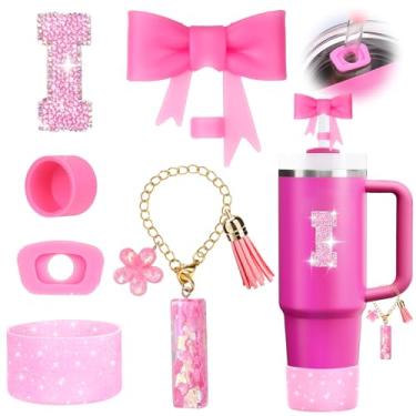 Imagem de Mity rain 6 peças de acessórios de copo rosa para Stanley Cup 850.5 g 1,134.0 g - Decoração de iniciais de copo para Stanley, incluindo tampa e bota de palha de silicone, tampa à prova de derramamento