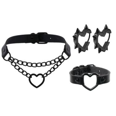 Imagem de Azusa Sun Gargantilha de corrente de coração gótico, brincos de coração preto, conjunto de joias para mulheres e homens, gótico, punk, grunge, emo, colar Y2k, brinco de spike, festa de Halloween