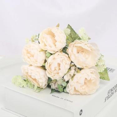Imagem de 5 cabeças de flores artificiais de peônia de seda, decoração para sala de estar, flores artificiais grandes, faça você mesmo, decoração de casamento, buquê de noiva (branco)