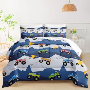 Imagem de QOOMO Jogo de cama solteiro com 7 peças, caminhão, para crianças, adolescentes, inclui 1 edredom, 1 lençol com elástico, 1 lençol de cima, 2 fronhas estampadas e 2 fronhas brancas