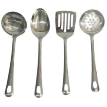Imagem de Kit Utensílios de Cozinha em Aço Inox, 4 Peças, Colher de Arroz, Escumadeira, Espátula, Concha, 23cm