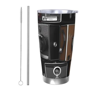 Imagem de HJBNW Copo de 590 ml de aço inoxidável com tampa e canudo Caneca de café de viagem com isolamento a vácuo de parede dupla retrô legal coleção de câmera copos de café reutilizáveis caneca de viagem
