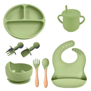 Imagem de Kit Introdução Alimentação Bebê 8 Peças em Silicone com Ventosa – Colher, Garfo, Copinho e Pratinho Atóxicos, Sem Pontas, Livre de BPA (Azul) - Qualidade Premium (Verde)