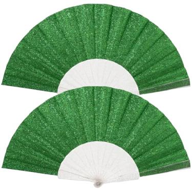 Imagem de Pacote com 2 leques de mão femininos com glitter e nervuras transparentes brilhantes – Ideal para casamento, igreja, festival, dança, festa de formatura, clube e acessórios EDM, verde claro