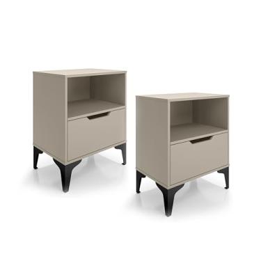 Imagem de Kit com 2 Mesas de Cabeceira Vegas 1 Gaveta com Puxador Cava Nicho Espaçoso e Pés de Ferro - LH Móveis (Off White/Pé Preto)