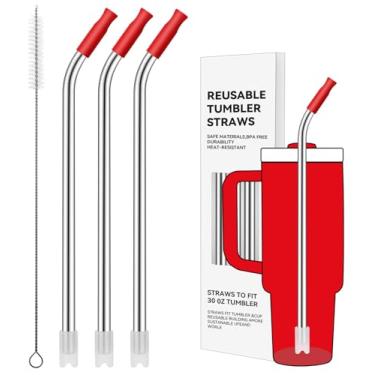 Imagem de Prurex Canudos reutilizáveis de aço inoxidável com ponta de silicone para Stanley 850 g, canudos de metal para copo de 850 g, 3 tubos dobrados e 6 pontas e 1 escova Cleanr (Chili)