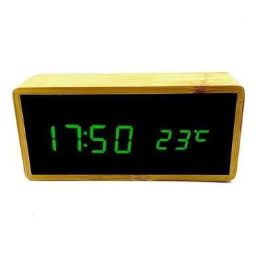 Imagem de Relógio de Mesa Despertador Termômetro Madeira LED Verde - no-brand