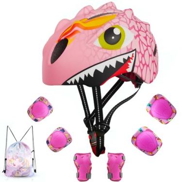 Imagem de Capacete de bicicleta infantil infantil para meninas de 2, 3, 4, 5, 6, 7, 8 anos, com design de dinossauro 3D, conjunto de equipamentos de proteção e certificado de segurança, capacete de patinação e