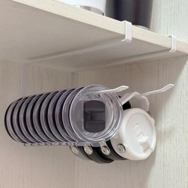 Imagem de Pacote com 2 organizadores de tampas de copo para garrafas de água Yeti e Stanley, suporte de tampa de copo embaixo do armário, armazenamento horizontal que economiza espaço, gancho para 10 tampas de