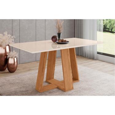 Imagem de Mesa p/ Cozinha Lins SC93 c/ Tampo Madeirado c/ Vidro Reto 160x90cm Nature/Off White -...