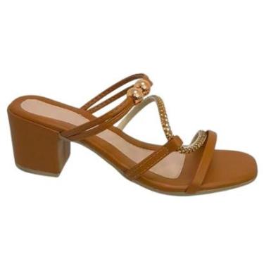 Imagem de Sandália Feminina Rasteirinha Tiras Rasteira Fina Salto Grosso Strass Pedraria Elegante-Feminino