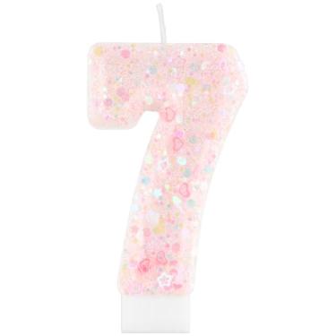 Imagem de iNINGER Velas com número de aniversário, número 7 com glitter rosa, topo de bolo com velas de aniversário para meninas e mulheres, lembrancinhas de aniversário