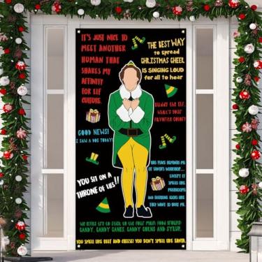 Imagem de Banner de Natal engraçado vermelho e verde filme de elfo de Natal pendurado placa de inverno sazonal decoração de feriado decorações de feliz natal para festa em casa