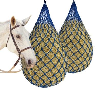 Imagem de MJFSGYO 2 peças de rede de feno de 101,6 cm para cavalos, feita de corda de nylon durável, regula a ingestão de feno, portanto, melhora a digestão, para cavalos, cabras, ovelhas penduradas, saco de