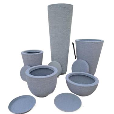 Imagem de Kit 5 Vasos Escovado Coluna Redonda N1 e N2 + Ibiza + Bojo N1 + Bacia Polietileno Para Plantas Decorativo Luxo Moderno(Cinza)