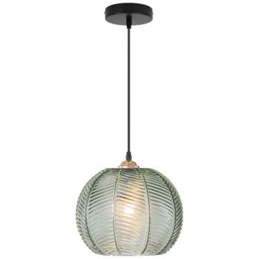 Imagem de Qepeety Luminária pendente de vidro verde vintage com globo grande, 1 luz, lustre de vidro soprado à mão, luminária de teto ajustável dourada para sala de jantar, quarto, sala de estar