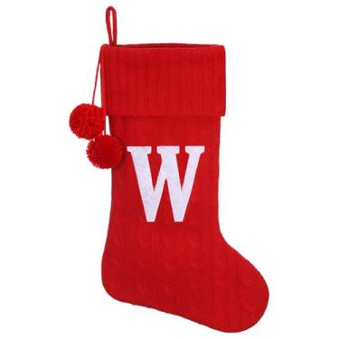 Imagem de Pxniy Meia de Natal personalizada de 48 cm - malha vermelha com monograma bordado e pompons, cabide de lareira familiar para decoração de férias, letra vermelha W