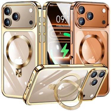 Imagem de [Anel de CD compatível com suporte invisível MagSafe] Capa magnética para iPhone 17 Pro Max, [amortecedor galvanizado sem amarelo][parece um iPhone nu] Capa fina transparente com suporte para mulheres