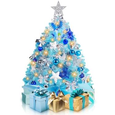 Imagem de Mini árvore de Natal de 6 m, pequena árvore de Natal com luzes, árvores de Natal de mesa de Prelit com 100 pontas de galhos e mais de 60 enfeites DIY, decorações de Natal internas e presentes para