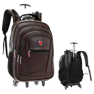 Imagem de Mochila com Rodinhas, Couro PU, USB, Trava Anti-furto, Compartimento para Notebook (Marrom)