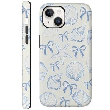 Imagem de CAINAT Capas estéticas para iPhone 15 Plus/14 Plus, design de concha com laço azul, capa protetora rígida híbrida de 2 camadas para mulheres e meninas